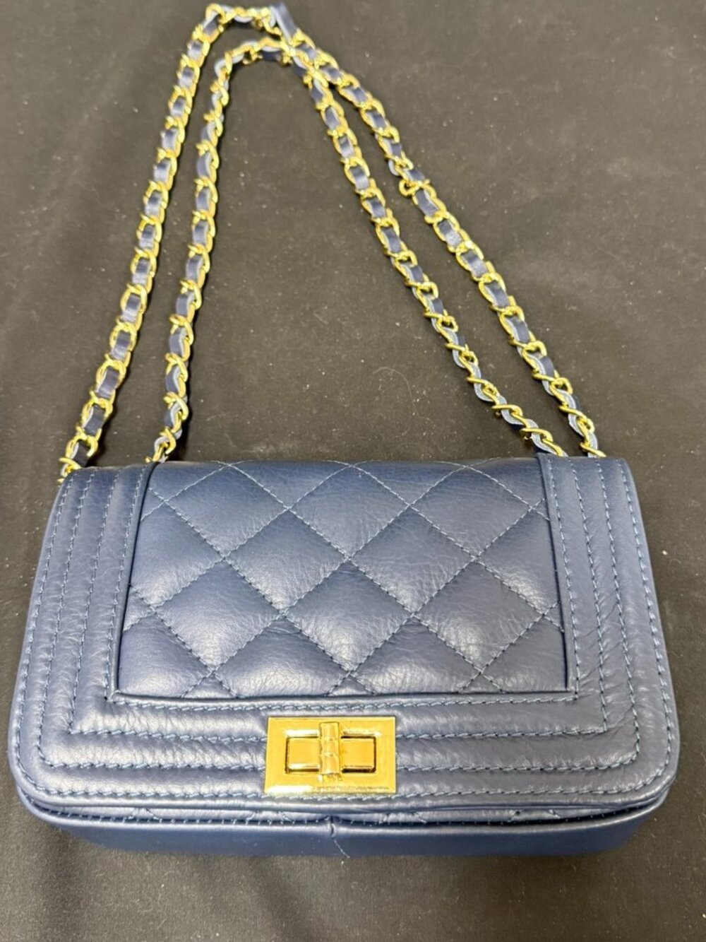 Navy Quilted Leather Shoulder Bag with Gold chain strap